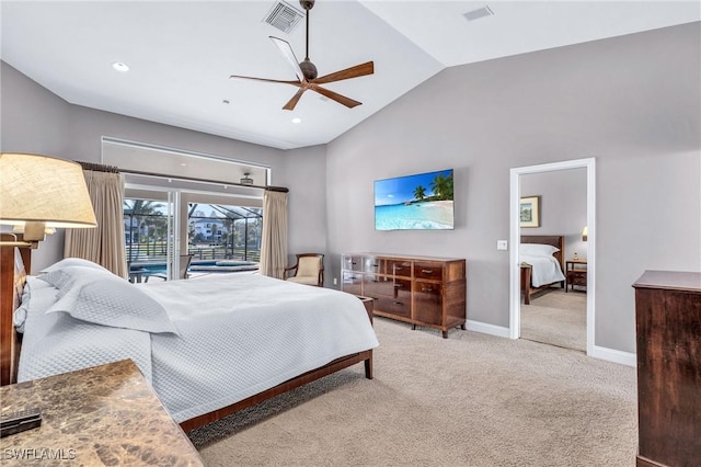 carpeted bedroom featuring ceiling fan, access to outside, and vaulted ceiling