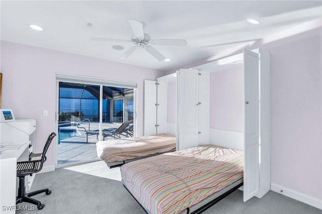 bedroom featuring ceiling fan, light colored carpet, and access to outside