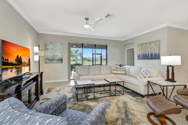 living room with carpet, ceiling fan, and ornamental molding