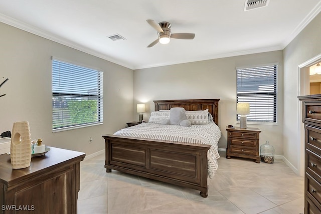 bedroom with light tile patterned floors, ceiling fan, and ornamental molding