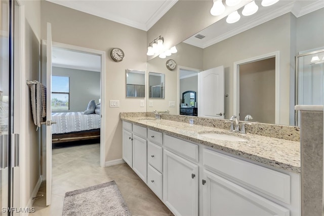 bathroom featuring tile patterned floors, vanity, and ornamental molding