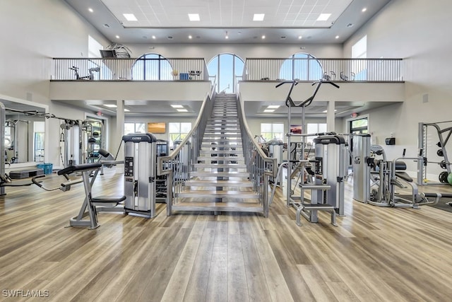 gym with hardwood / wood-style floors, a towering ceiling, and a wealth of natural light