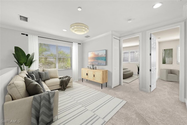 living room with light carpet and crown molding