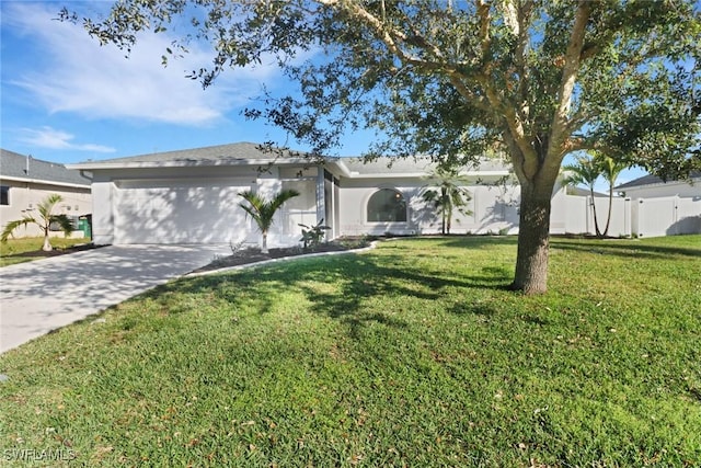 single story home featuring a garage and a front lawn