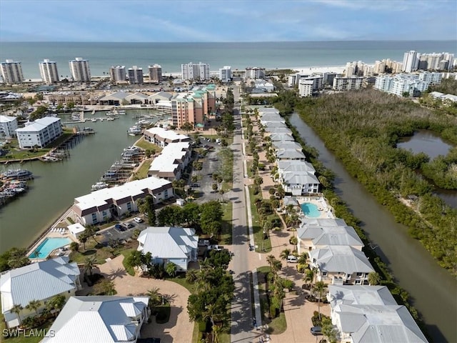 aerial view featuring a water view