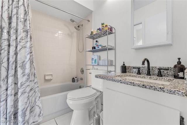 full bathroom with toilet, shower / tub combo, vanity, and tile patterned floors