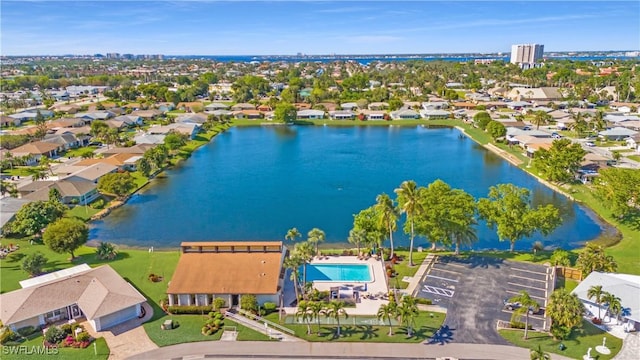 drone / aerial view featuring a water view