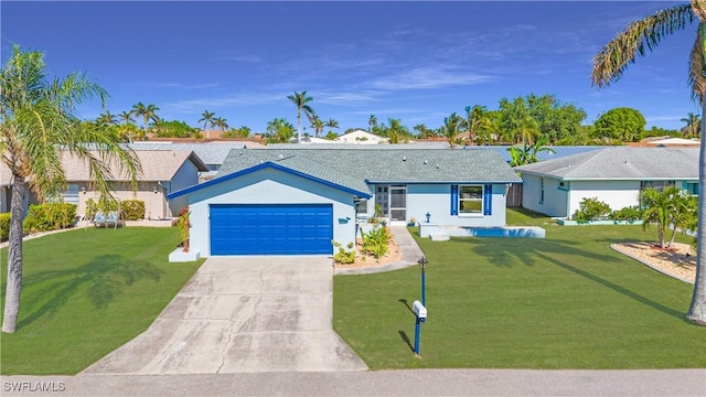 ranch-style home with a front lawn and a garage