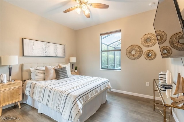 bedroom with ceiling fan and hardwood / wood-style flooring