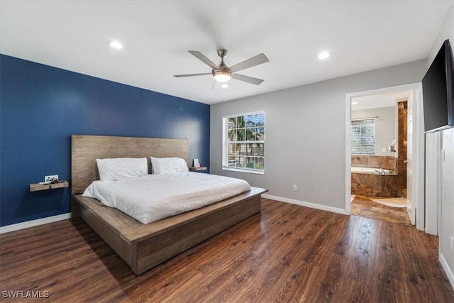 bedroom with connected bathroom, recessed lighting, wood finished floors, a ceiling fan, and baseboards