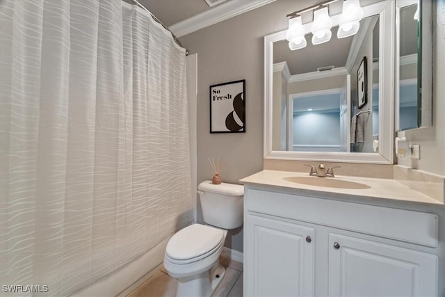 full bathroom featuring shower / bath combination with curtain, vanity, toilet, and ornamental molding