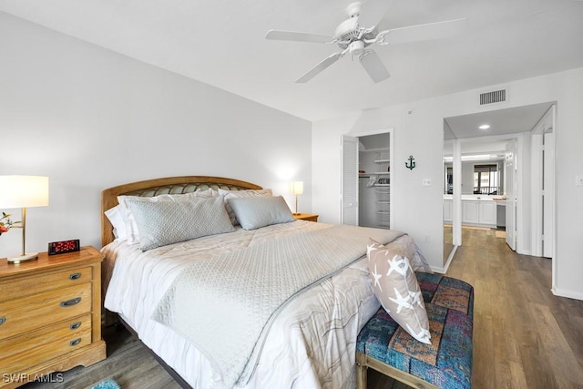 bedroom with a walk in closet, a closet, ceiling fan, and dark wood-type flooring