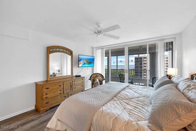 bedroom with access to outside, ceiling fan, and dark hardwood / wood-style flooring