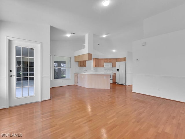 unfurnished living room with a high ceiling and light hardwood / wood-style flooring