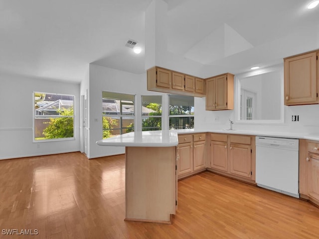 kitchen featuring dishwasher, light brown cabinetry, light hardwood / wood-style floors, and a healthy amount of sunlight