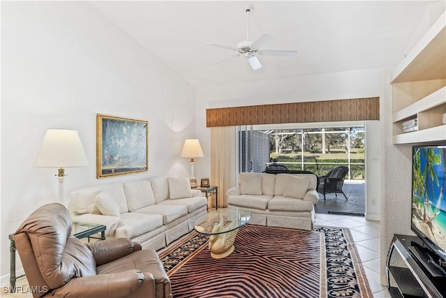 tiled living room featuring ceiling fan