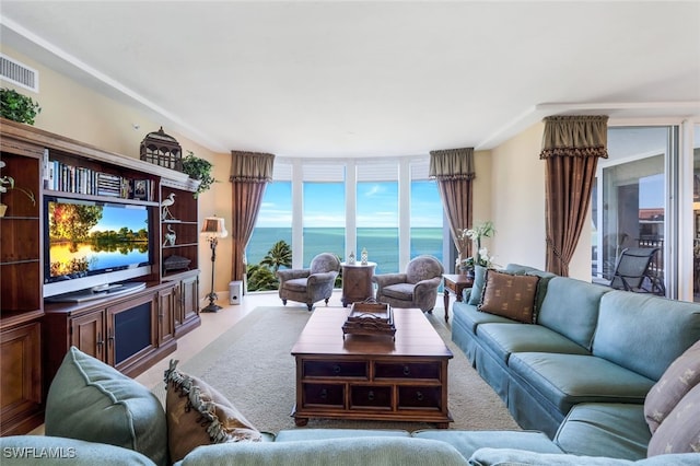 carpeted living room with a water view