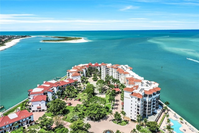 aerial view featuring a water view and a beach view