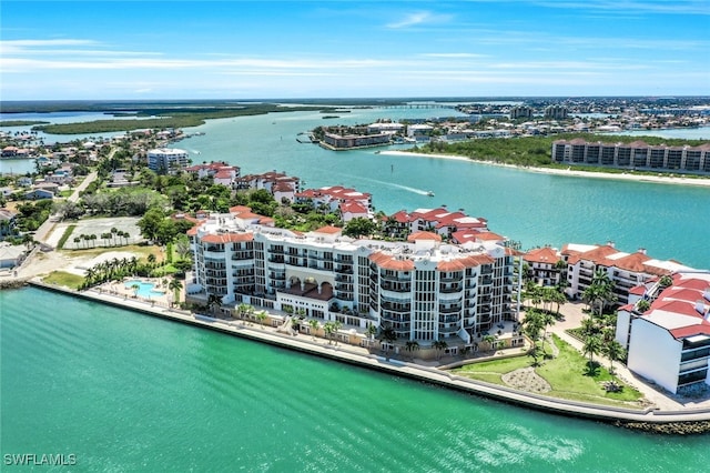 aerial view featuring a water view