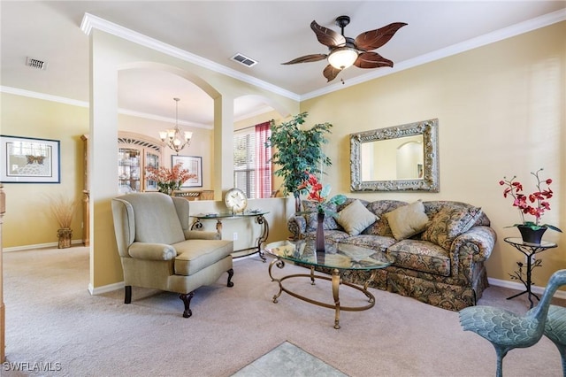 carpeted living room with crown molding and ceiling fan with notable chandelier