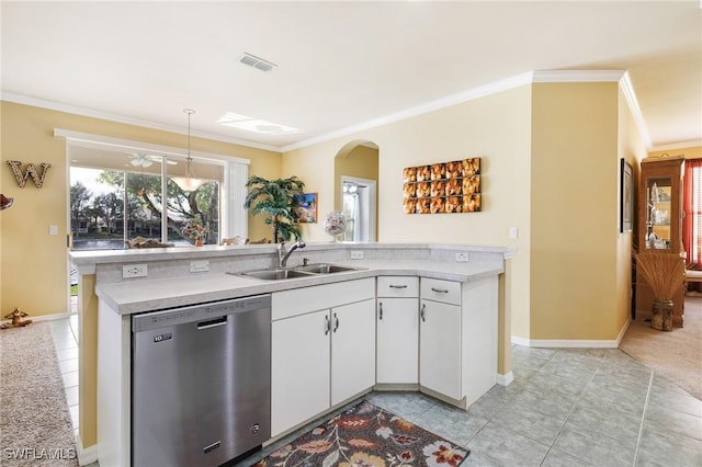 kitchen featuring crown molding, sink, stainless steel dishwasher, light tile patterned flooring, and white cabinetry