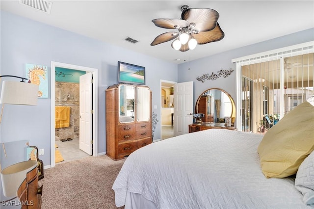 bedroom with light carpet, access to outside, ensuite bathroom, and ceiling fan