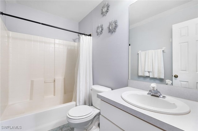 full bathroom with tile patterned flooring, shower / bath combination with curtain, toilet, and vanity