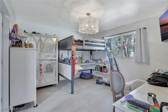 bedroom with a chandelier