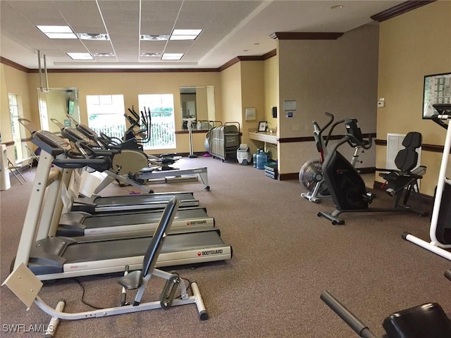 exercise room featuring a paneled ceiling and ornamental molding