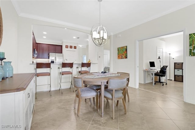 dining area with crown molding, light tile patterned flooring, and a chandelier