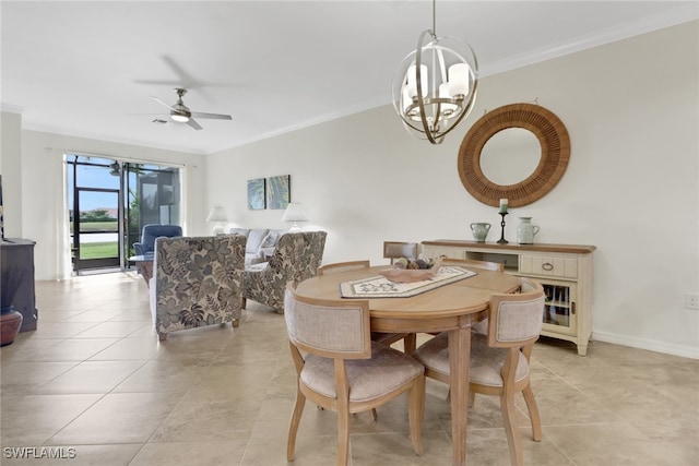 tiled dining area featuring ceiling fan with notable chandelier and crown molding