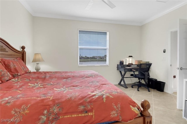 tiled bedroom featuring ceiling fan and ornamental molding