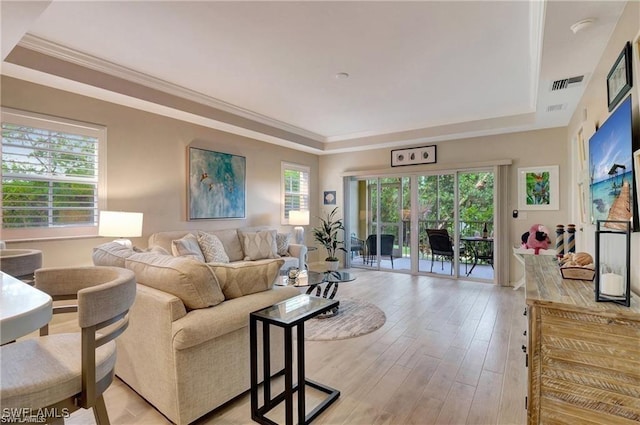 living room featuring a healthy amount of sunlight, a tray ceiling, and light hardwood / wood-style flooring