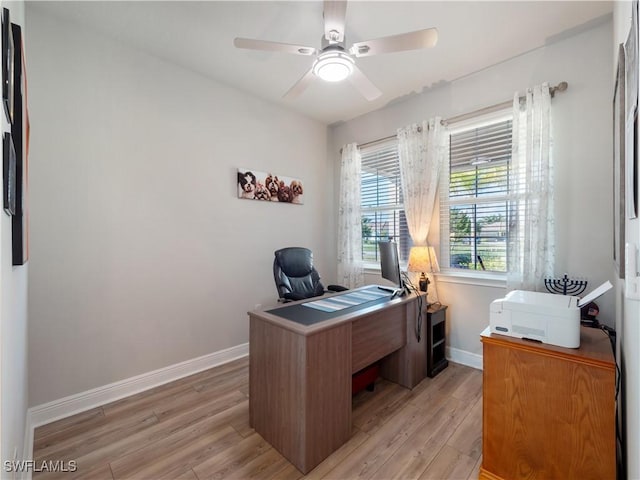 office with ceiling fan and light wood-type flooring