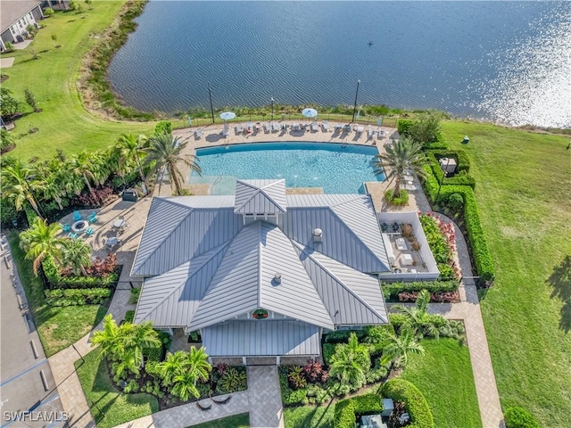 aerial view featuring a water view