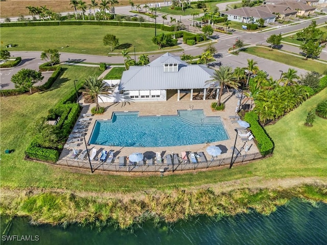 bird's eye view with a water view