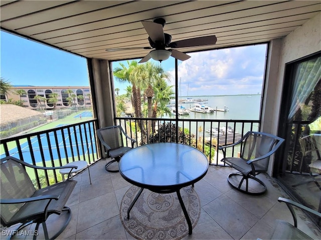 balcony featuring ceiling fan and a water view