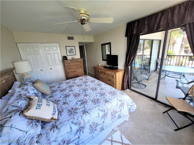 bedroom with ceiling fan, access to exterior, light tile patterned floors, and a closet