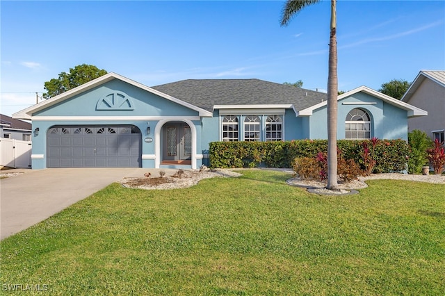 ranch-style home with a garage and a front yard