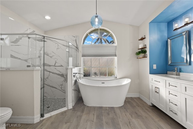 full bathroom featuring hardwood / wood-style flooring, vanity, toilet, and shower with separate bathtub