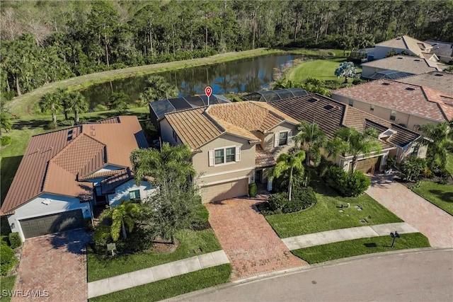 aerial view featuring a water view