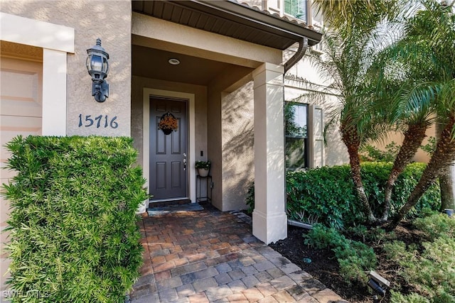 view of exterior entry with a garage and stucco siding