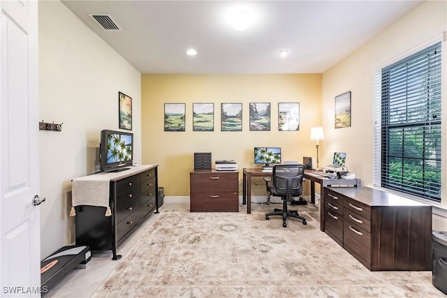 office area with recessed lighting, visible vents, and baseboards