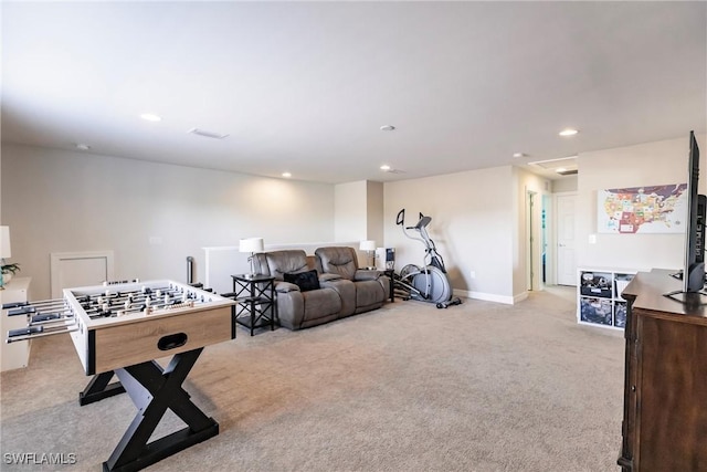 recreation room with recessed lighting, carpet flooring, and baseboards