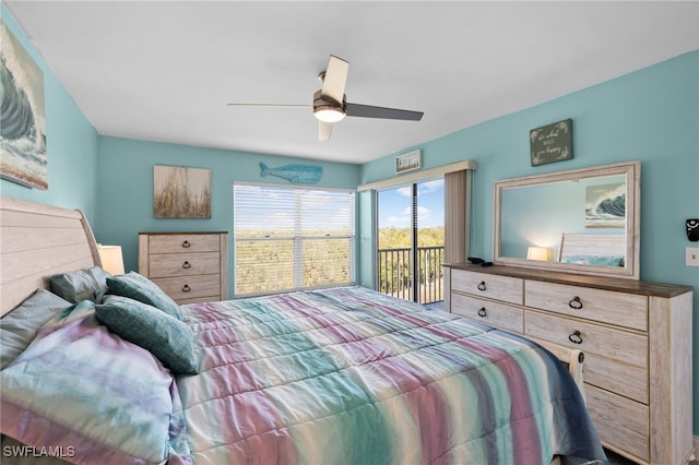 bedroom featuring access to exterior and ceiling fan