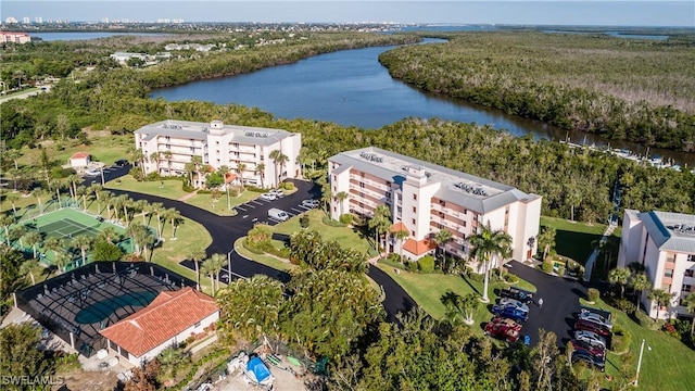 bird's eye view with a water view