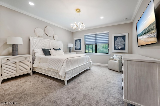 bedroom with light colored carpet, an inviting chandelier, and crown molding