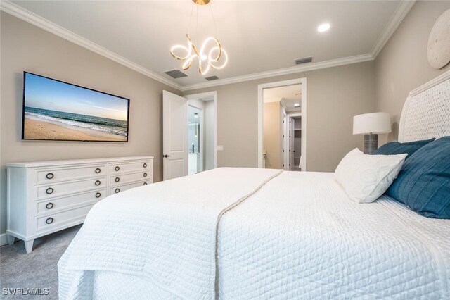 carpeted bedroom with ornamental molding and an inviting chandelier