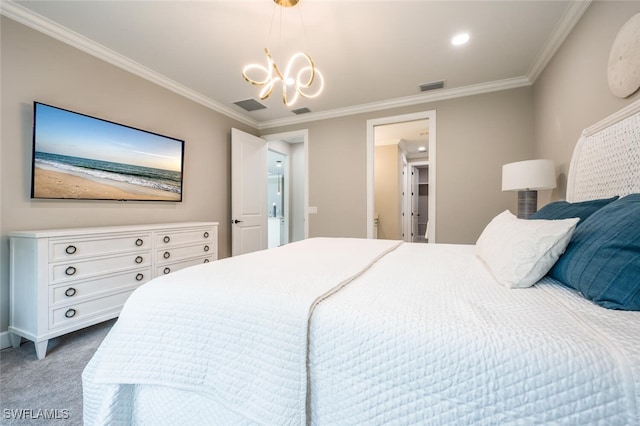 carpeted bedroom featuring visible vents, a chandelier, and ornamental molding