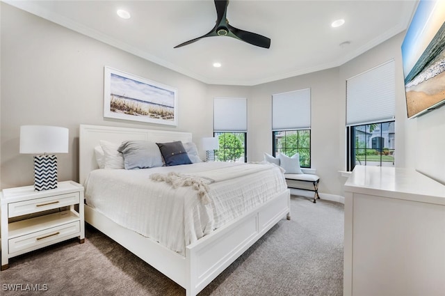 bedroom with carpet, baseboards, crown molding, and recessed lighting